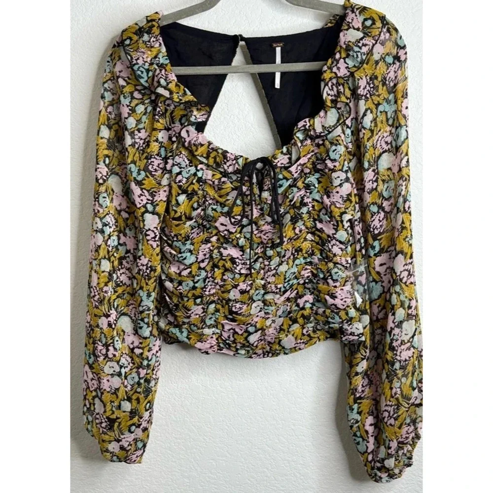 Free People Mabel Lace-Up Top XS Blouse Smocked Floral Bohemian Long Puff Sleeve